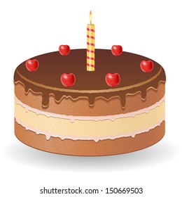 chocolate cake with cherries and burning candle vector illustration isolated on white background