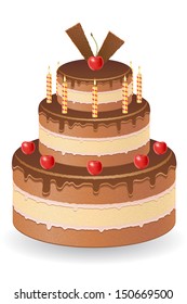 chocolate cake with cherries and burning candles vector illustration isolated on white background