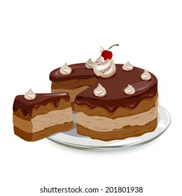 Chocolate Cake With Cherries On A Plate. Vector Illustartionij