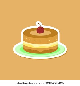 Chocolate cake with cherries on top isolated on color background. Flat Vector Food and Drink Illustration. Suitable for icons, stickers, and poster backgrounds.