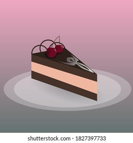 Chocolate cake with cherries on a transparent white plate
