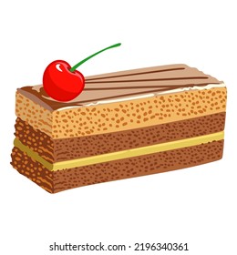 Chocolate cake with cherries. Vector image isolated on white background