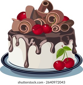 chocolate cake with cherries without background