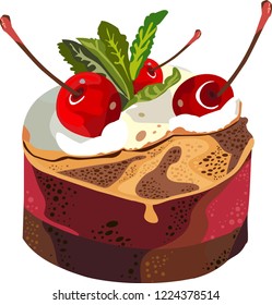 Chocolate cake with cherry berries and mint leaves