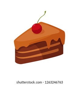 Chocolate cake with cherry illustration. Piece, choco, cherry. Food concept. Vector illustration can be used for topics like confectionery, sweet shop, bakery