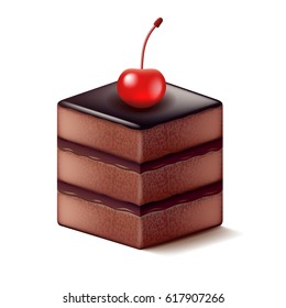 Chocolate cake with cherry isolated on white photo-realistic vector illustration