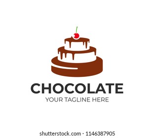 Chocolate cake with cherry logo design. Pastry shop vector design. Bake shop logotype