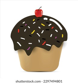 Chocolate cake with cherry on white background