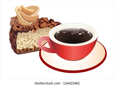 chocolate cake and coffee cup on white background