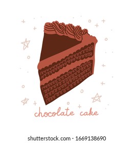 Chocolate cake color illustration. Piece of cake isolated on white backround. Classic American dessert.