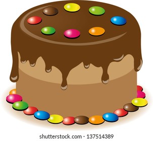 Chocolate Cake With Colorful Smarties, Vector Illustration