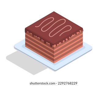 Chocolate cake concept. Cafe or restaurant menu. Gift for birthday or wedding anniversary. Symbol of Christmas and New Year. Poster or banner. Cartoon isometric vector illustration