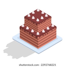 Chocolate cake concept. Sweetness in glaze with cream. Homemade dessert and delicacy, gourmet. Sticker for social networks and messengers. Cartoon isometric vector illustration