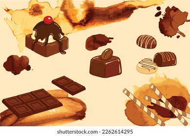 chocolate cake cookies biscuit cracker set vector brown watercolor brush background