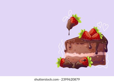 Chocolate cake and chocolate covered strawberries in cartoon style. Doodle. Vector illustration for poster, banner, website, advertisement. Vector illustration with colorful sweet dessert. Vector