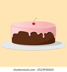 Chocolate Cake Covered Up With Strawberry Cream with Cherry on Top Illustration. Bakery Vector. Sweet Shop. Confectionery Logo Design Idea.
