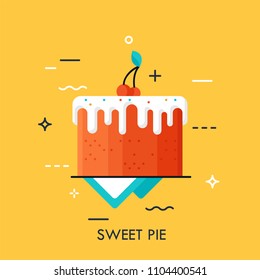 Chocolate cake covered with sugar glaze. Pie with berries on top. Confectionery advertising. Sweet foods and desserts delivery service concept. Vector illustration for website, banner, header, promo.