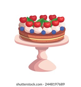 Chocolate cake with cream and berries on a white background. Happy birthday illustration in cartoon style