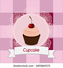 Pastel de chocolate con crema y cerezas. Ilustración vectorial. Antecedentes de manteles con delicada servilleta de encaje, quequitos con cerezas. Participaremos en la esfera culinaria
