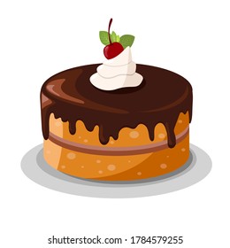 Chocolate cake with cream and cherry as a topping, homemade dessert and sweet, flat design vector