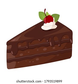 Chocolate cake with cream and cherry as a topping, homemade dessert and sweet, flat design vector