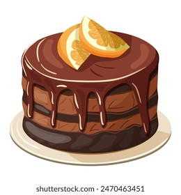 Chocolate cake with chocolate cream decorated with orange slices. Illustration on a white background