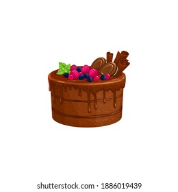 Chocolate cake or cream pie, dessert sweets food, vector isolated icon. Chocolate cocoa cake with molten caramel fondant, bakery pastry dessert sweets tiramisu or brownie with fruits and cookies