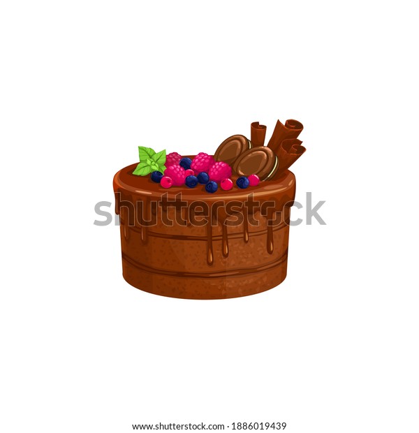 Chocolate cake or cream pie, dessert sweets food,
vector isolated icon. Chocolate cocoa cake with molten caramel
fondant, bakery pastry dessert sweets tiramisu or brownie with
fruits and cookies