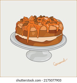 Chocolate cake with cream and salted caramel frosting. Pastry or bakery shop menu. Birthday dessert