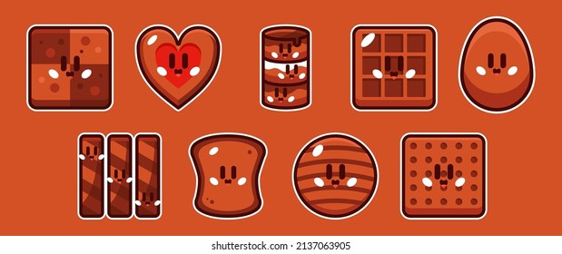 Chocolate Cake Cute cartoon with funny kawaii faces. vector illustration set.