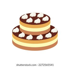 Chocolate cake decorated with whipped cream isolated on white. Vector cartoon flat illustration of dessert.