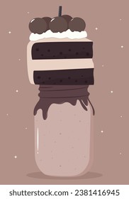 Chocolate cake and dessert in a jar. Chocolate koitel with a tube and a piece of cake. Vector illustration. Dessert with chocolate balls