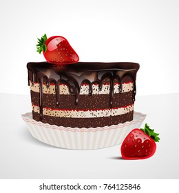 Chocolate Cake with fresh Strawberry and cream isolated on white background. Vector realistic dessert. Strawberry holiday homemade creamcheese Cupcake