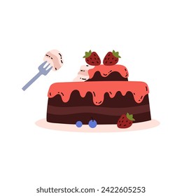 Chocolate cake with fruit topping and berries on a plate vector illustration. Fresh strawberry on cream, fork with a piece of treat. Delicious baking food, sweet dessert. Eating disorder concept