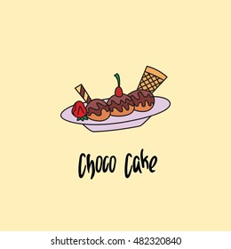 Chocolate cake hand drawn objects and symbols with color. Chocolate cake sketch cartoon style with color, vector illustration