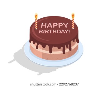 Chocolate cake happy birthday concept. Bakery or pastry with candles. Annual event, holiday and festival. Template, layout and mock up. Cartoon isometric vector illustration