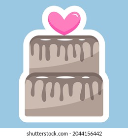 chocolate cake with heart sticker. Vector illustration isolated on color backgrounds 