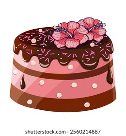 Chocolate cake with hibiscus flowers and decorations vector illustration 