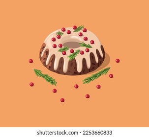 Chocolate cake with icing, decorated with berries and rosemary