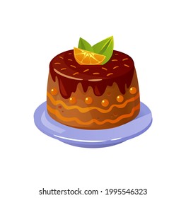 Chocolate cake icon with delicious decor. Cartoon sweet pie vector illustration. Flat style delicious cake for Valentine's day, Birthday card, party invitation, game design
