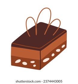 Chocolate cake icon, vector illustration of brownie, doodle piece of cake with chocolate icing, confectionary product with cocoa, sweet dessert with decoration, isolated colored clipart