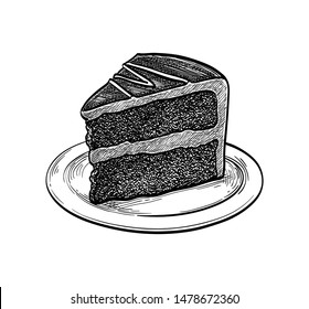 Chocolate cake. Ink sketch isolated on white background. Hand drawn vector illustration. Retro style.