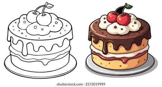 Chocolate Cake Line Art Vector Illustration Black and White with Coloring Sample. Bold and Easy Food, Sweets, Drinks, Dessert, and Snacks Coloring Pages for Adults and Kids.