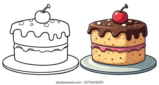 Chocolate Cake Line Art Vector Illustration Black and White with Coloring Sample. Bold and Easy Food, Sweets, Drinks, Dessert, and Snacks Coloring Pages for Adults and Kids.