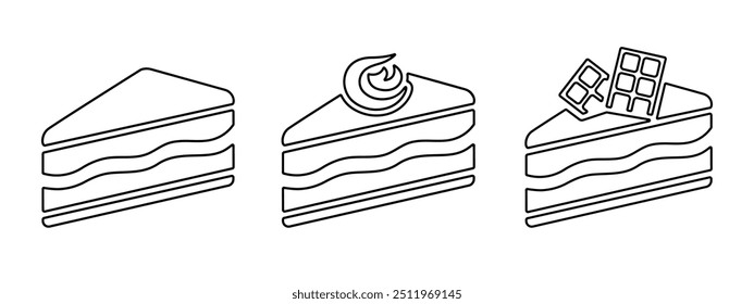 Chocolate cake line icon, black outline isolated on white. Piece of cake decorated with chocolate bar and cream rose. Vector clipart, minimalist design sign or logo of bakery and popular dessert.