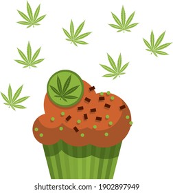 Chocolate cake with marijuana weed. Vector trendy flat style illustration. Isolated on white background. Marijuana cupcake, weed edible concept.