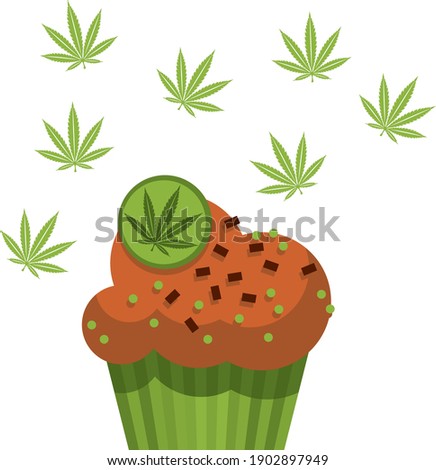 Chocolate cake with marijuana weed. Vector trendy flat style illustration. Isolated on white background. Marijuana cupcake, weed edible concept.