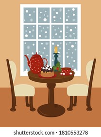 Chocolate cake with marshmallows, teapot, cup of tea and candlestick with holly leaves on the background of a winter window.