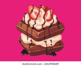 Chocolate cake melt with cream and strawberry topping delicious vector illustration