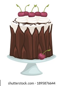 Chocolate cake with mousse and cherries vector